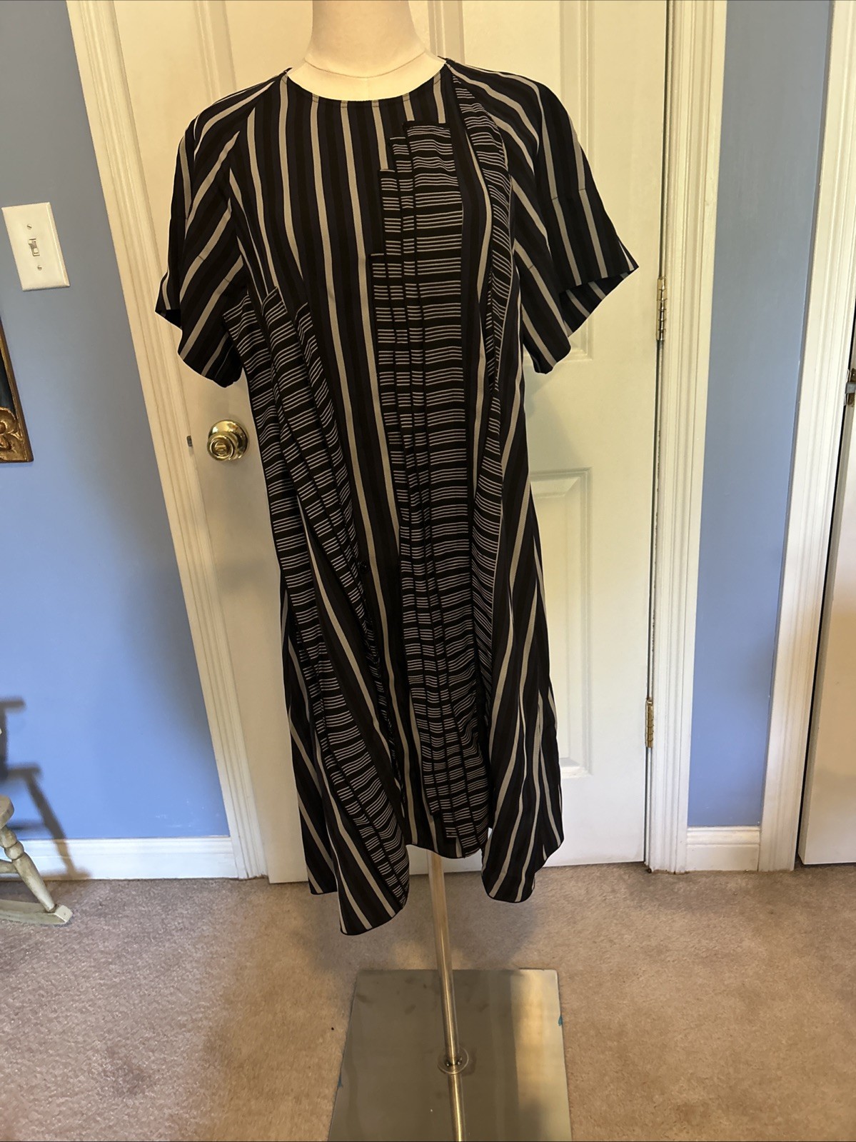 Sportmax Italian Navy Pleated Striped Dress Size 6 Designer