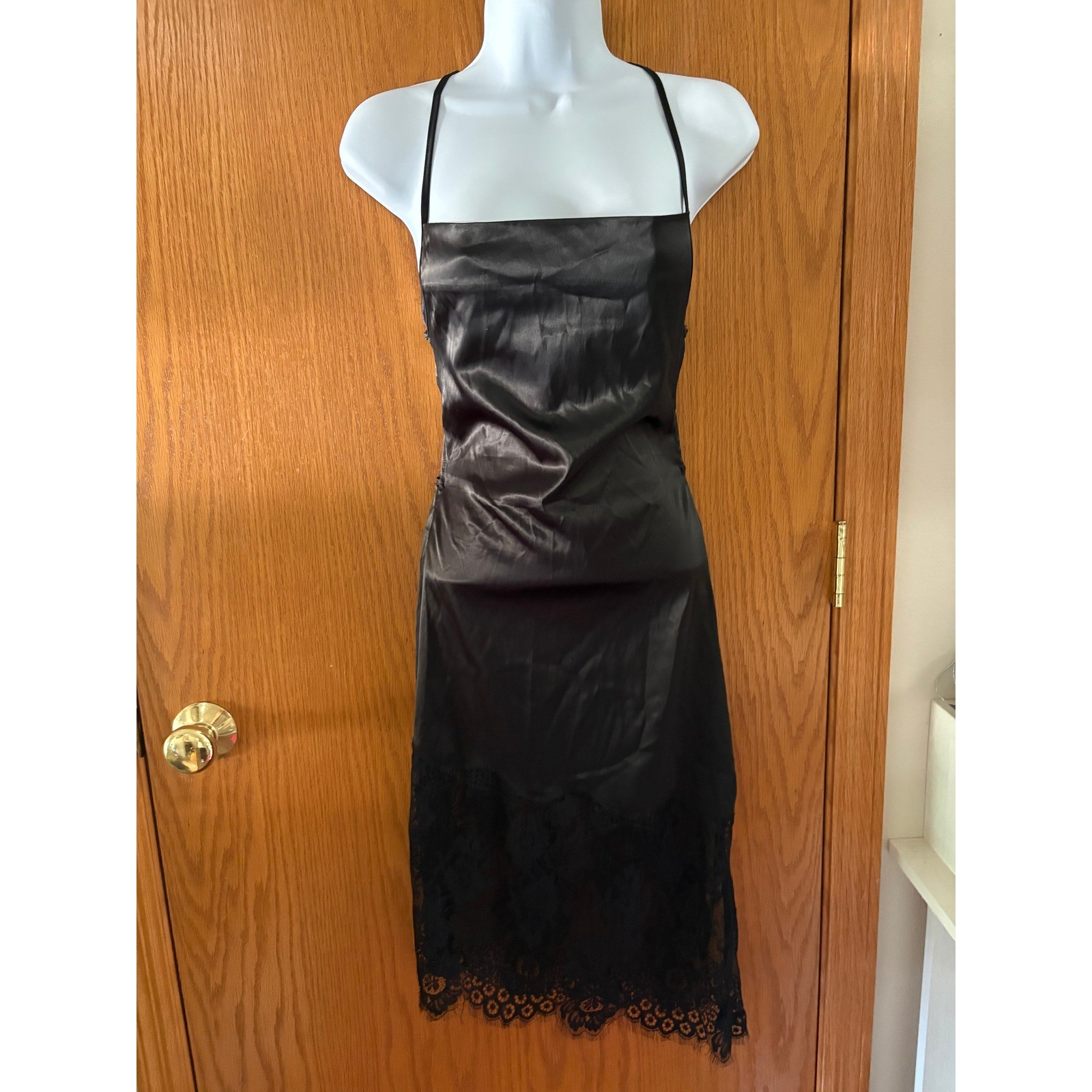 Black Satin Lace Up Back Slip Dress with Lace Hem Midi Small