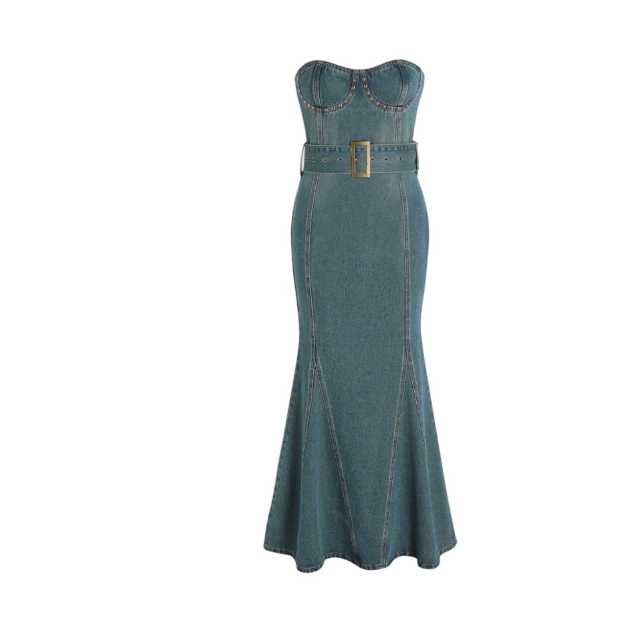 Denim Strapless Maxi Dress Pearl Studded Belted L western boho mermaid Y2K flaw
