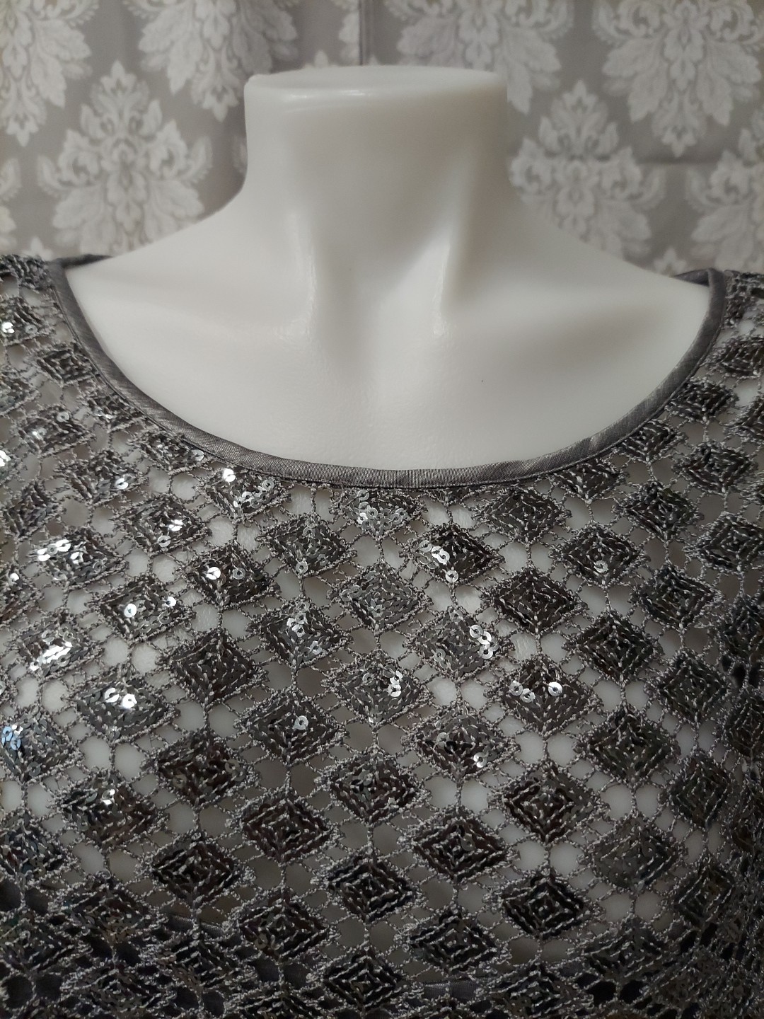 Km Collections Size18 Silverlacetop Satinlook Torso Skirt Form Fit Seetrough To