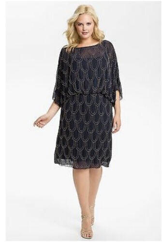 Cache’ Women’s Size 0 Beaded Blouson Chiffon Dress Navy Bronze