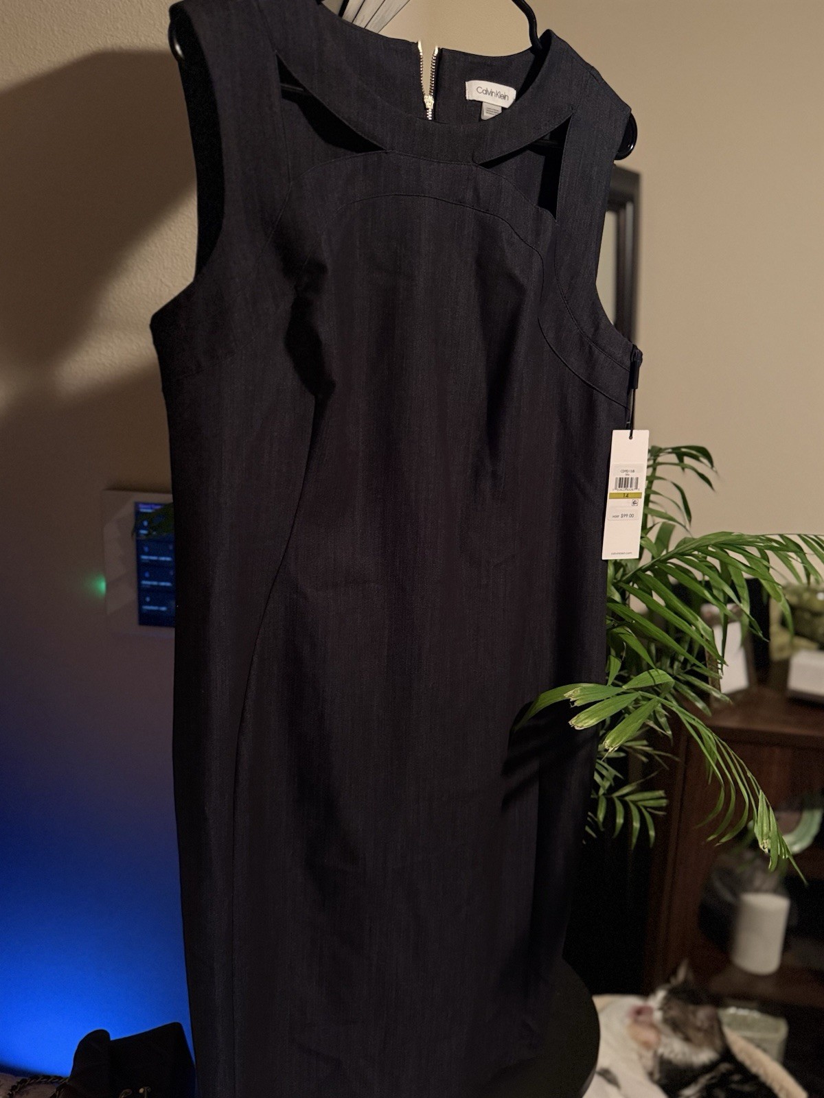 Calvin Klein 14 Blue Solid A-Line Sleeveless Knee Length Zip Dress NWT