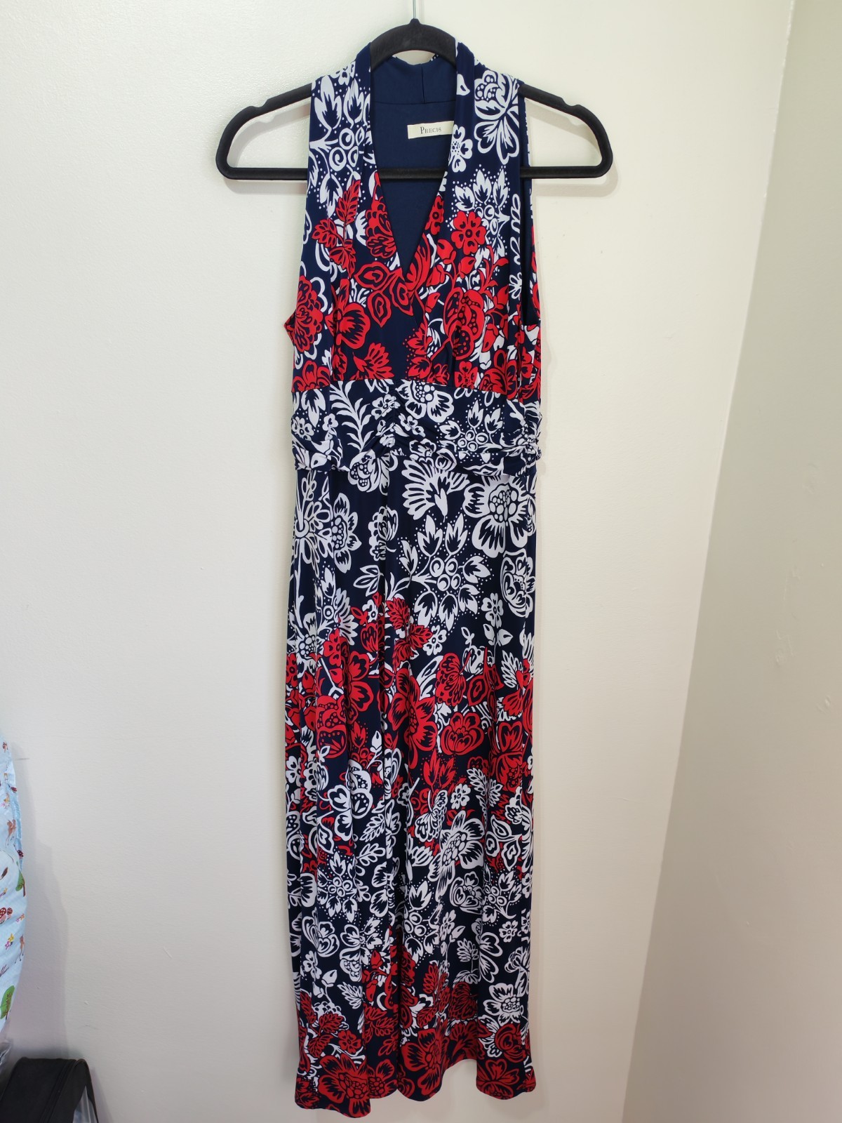 Precis navy blue red floral print slinky long maxi dress L 14 summer holiday