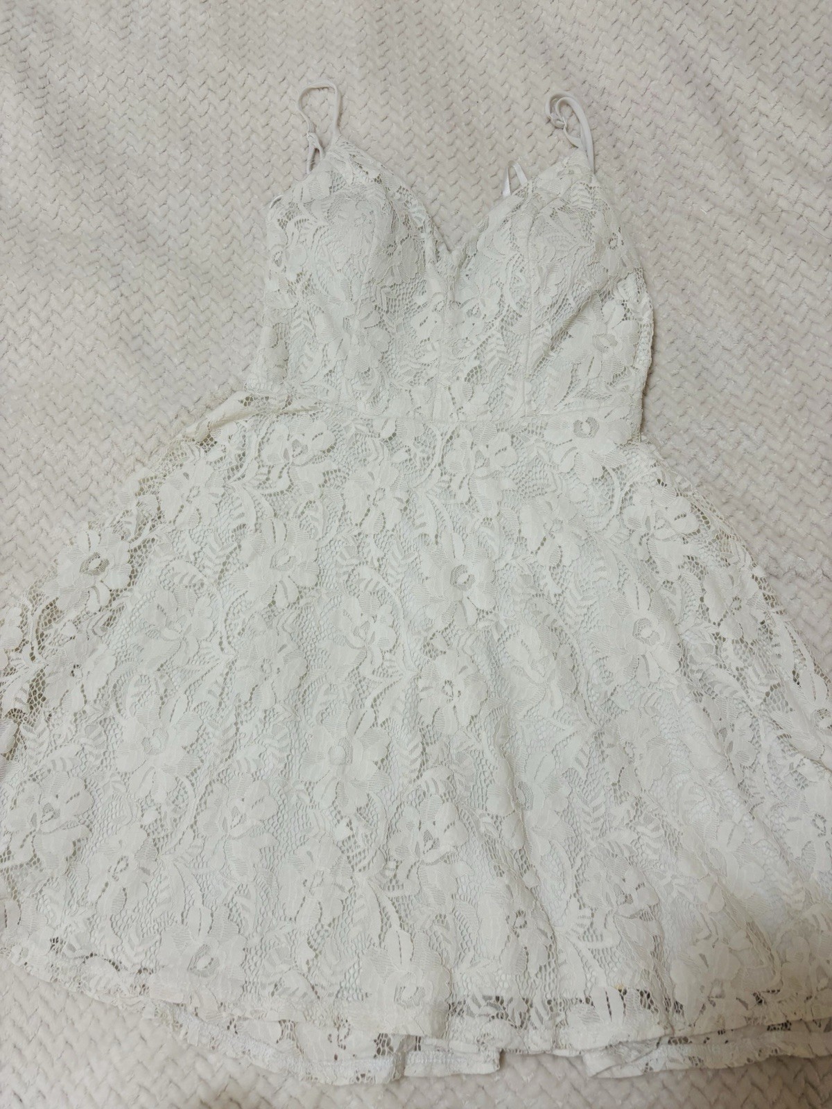 City Studio White Floral Lace Fit & Flare Short V-Neck Lined Zip Dress 9