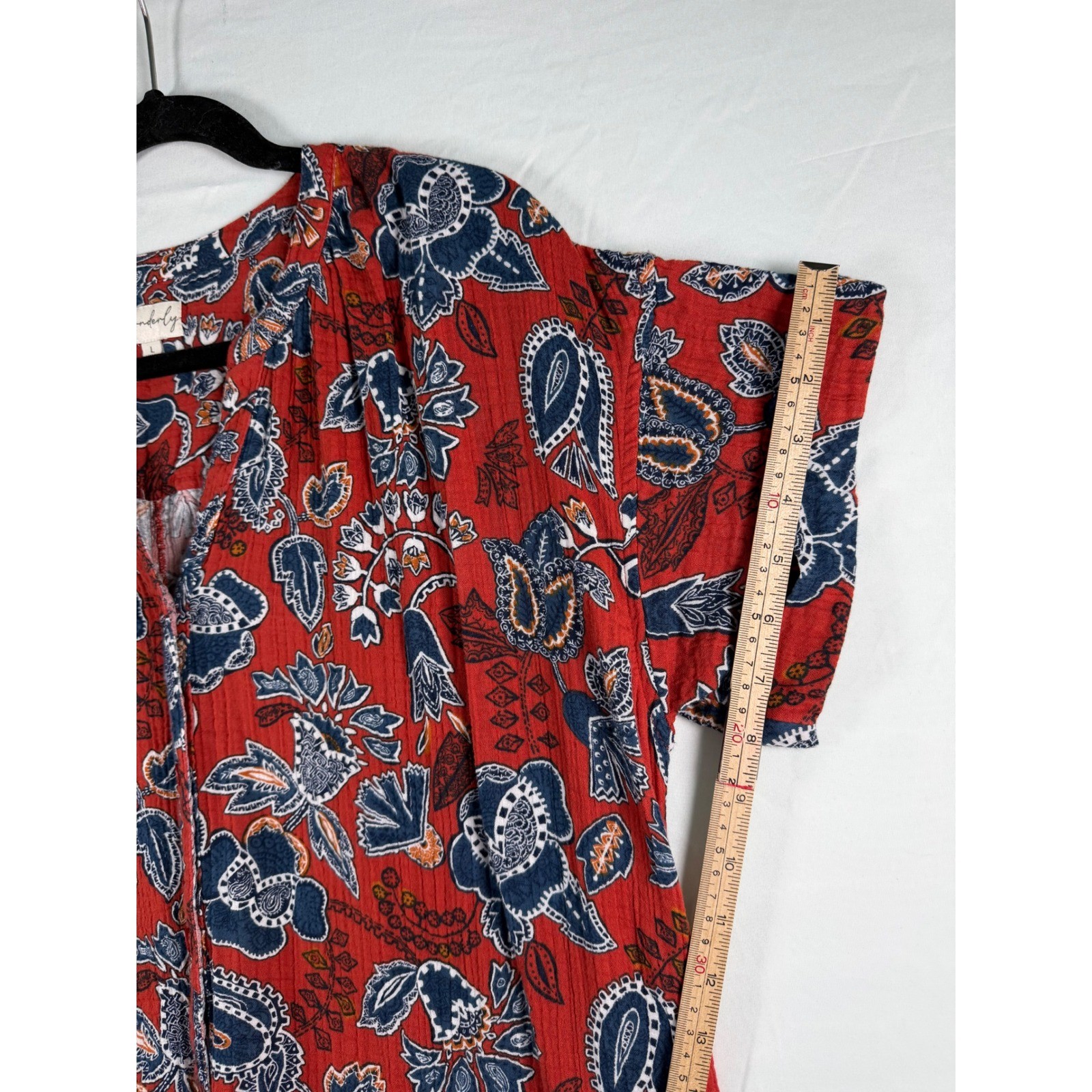Wonderly Womens Rust Floral Paisley Gauze Button Front Midi Dress Pockets Large