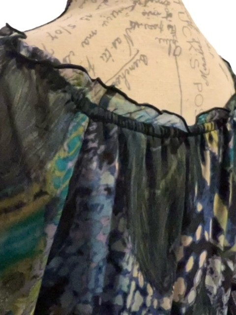 Belle Du Jour Mini Shift Dress M PEACOCK Feathers Ruffles BOHO Lined SUPER CUTE!