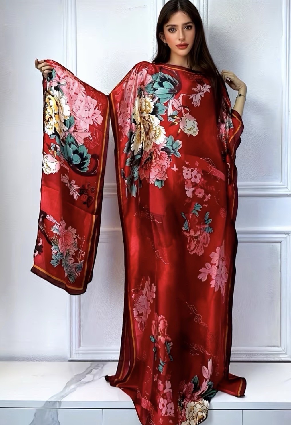 Red/Pink/Green Floral Round Neck Long Sleeve Long Kaftan Dress One Size