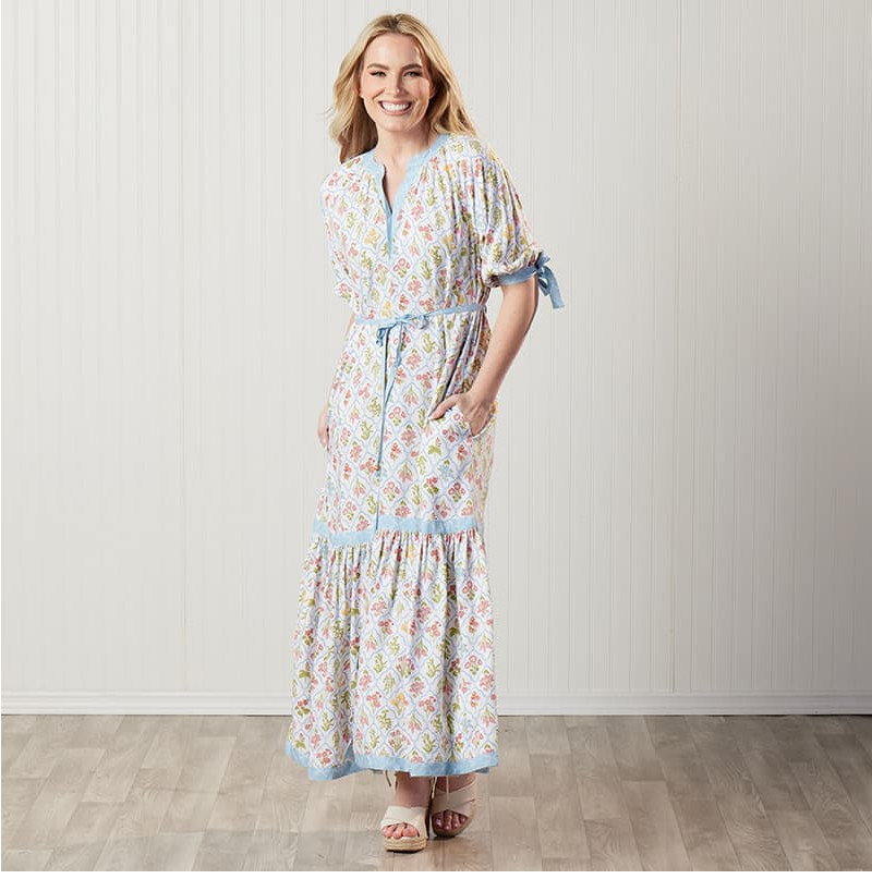 Cactus + Pearl women’s Ivory Block Print Floral Maxi Dress Tie Waist XL