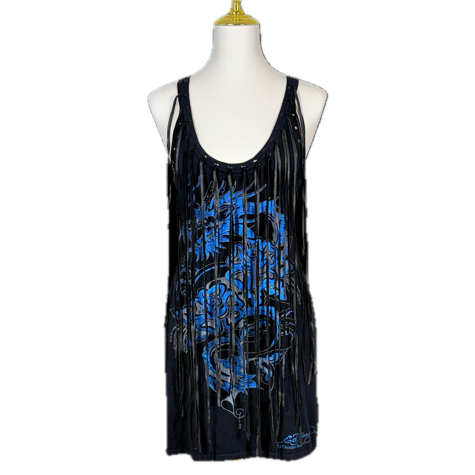 Vintage Y2K Ed Hardy Fringe Blue Metallic Dragon Stretchy Dress XL Edgy Leather