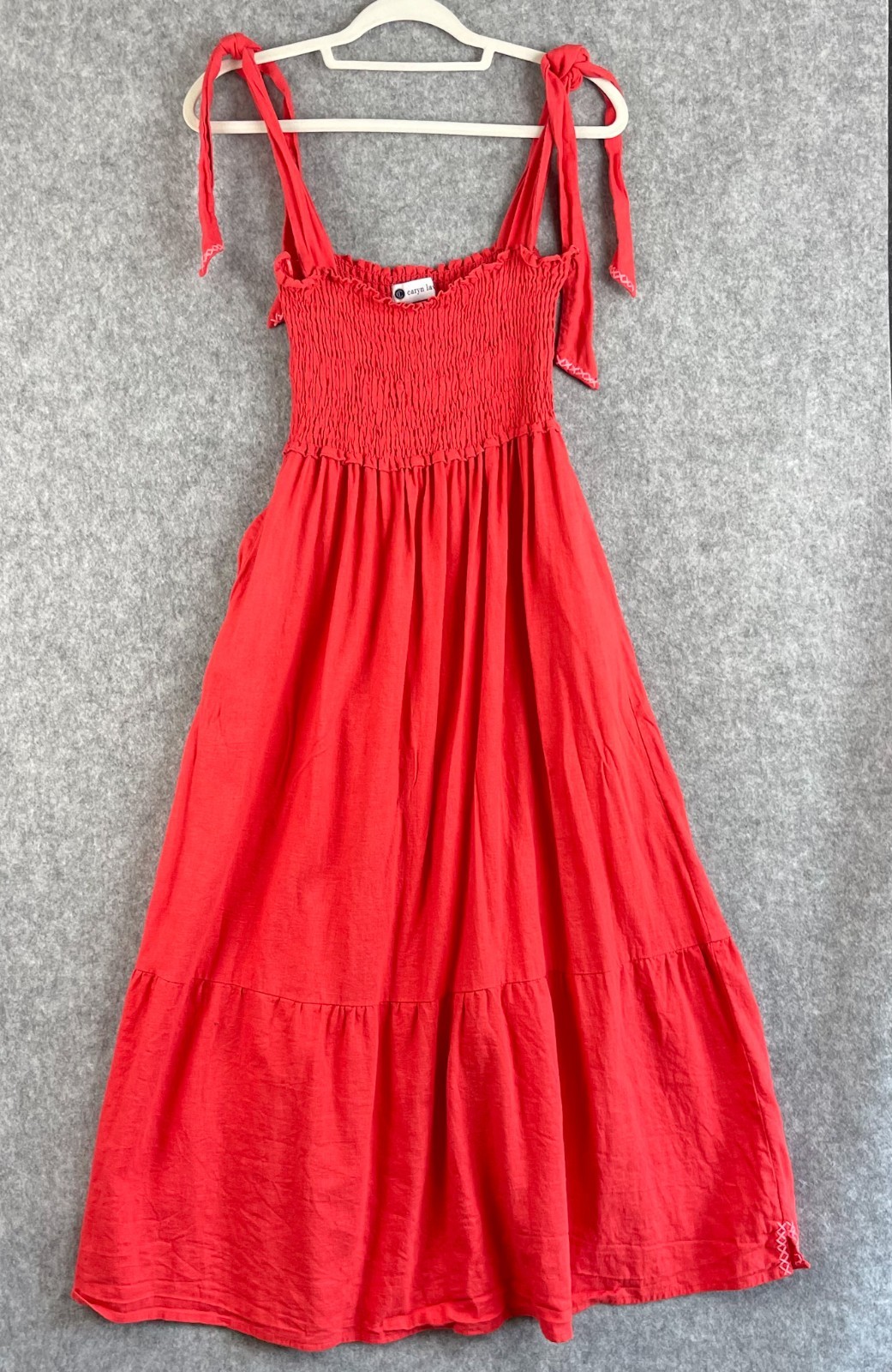 Caryn Lawn Tiered Maxi Dress Womens S/M Coral Red Smocked Linen Blend Coastal