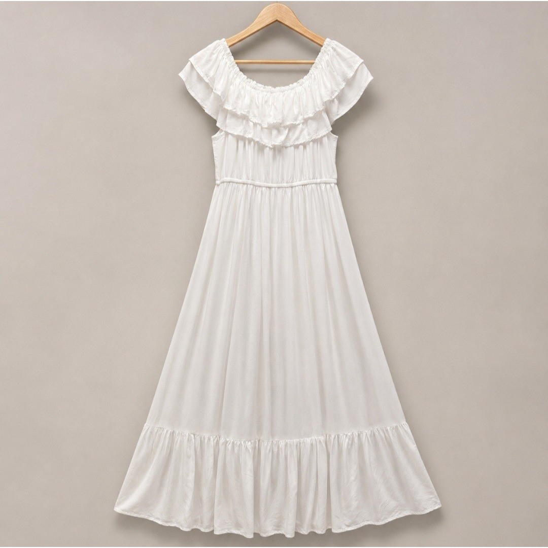 White Cottagecore Maxi Dress Off Shoulder L Cotton Blend Vacation Honeymoon