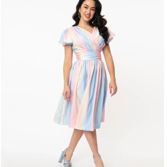 Magnolia Place Pastel Rainbow Dress Flutter Sleeve Fit & Flare | Size Large