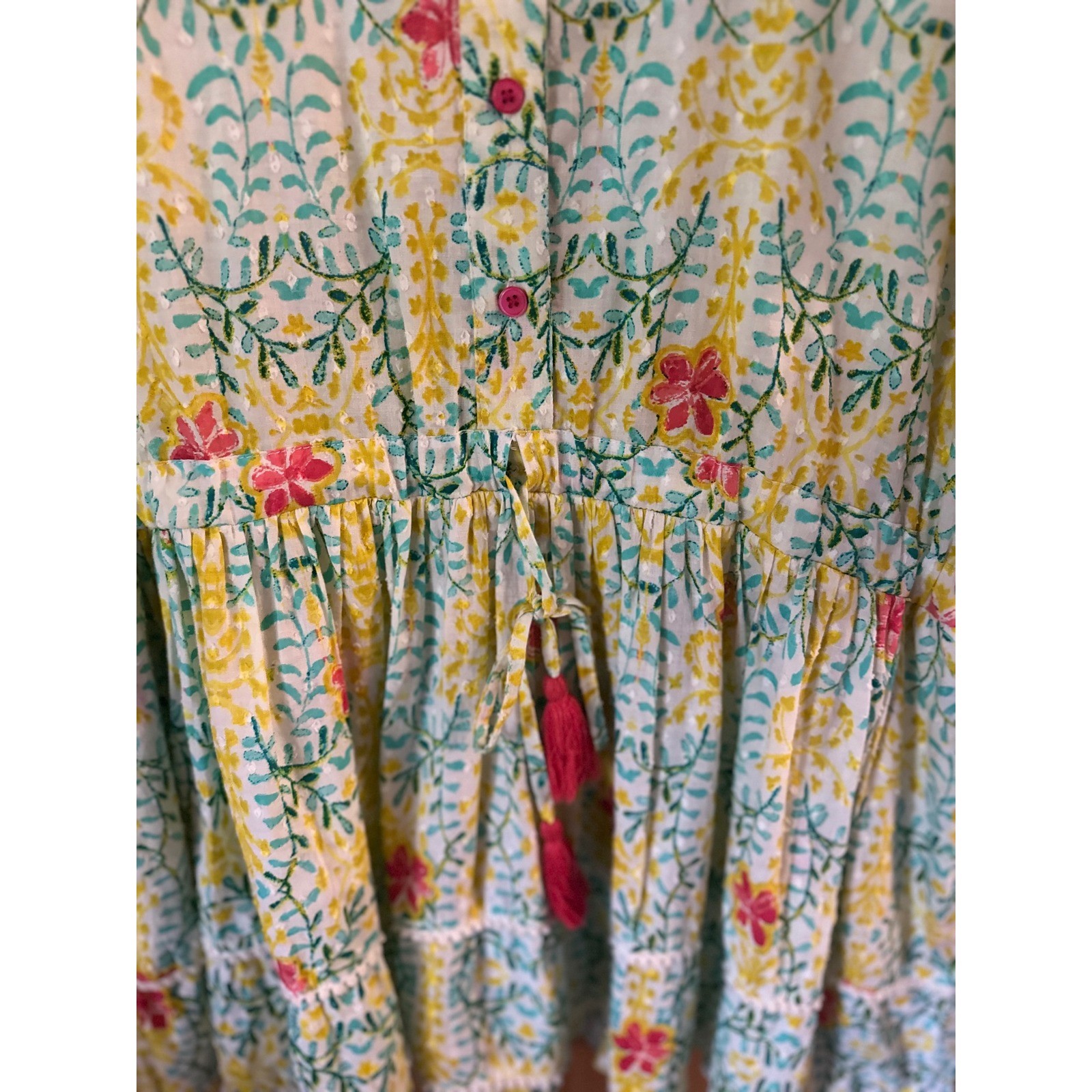 MODAPOSA Cottagecore Floral Block Print Cotton Boho Dress Yellow Teal Pink M