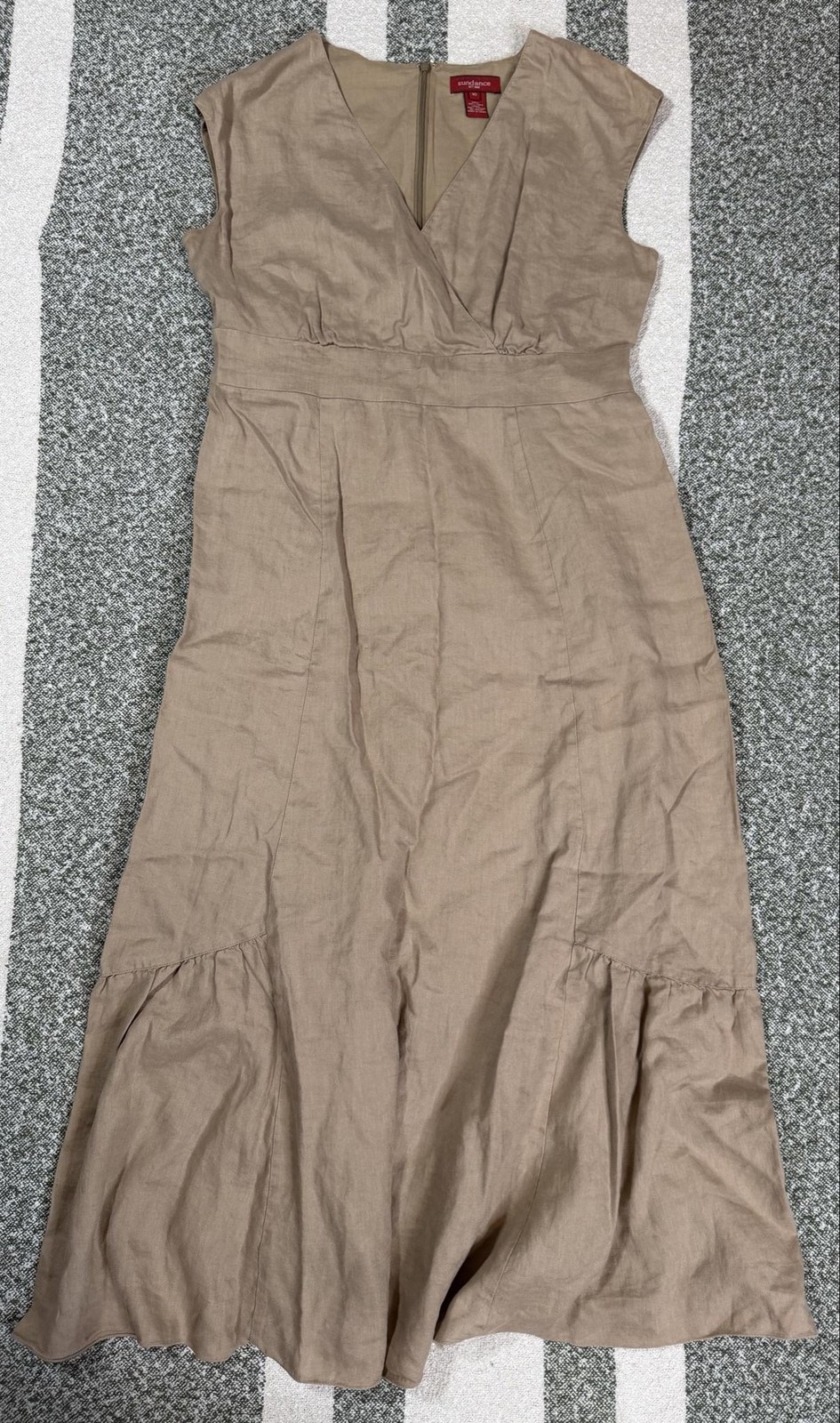 Sundance Dress Womens 10 Beige Linen V-Neck Midi A-Line Lined Cap Sleeve