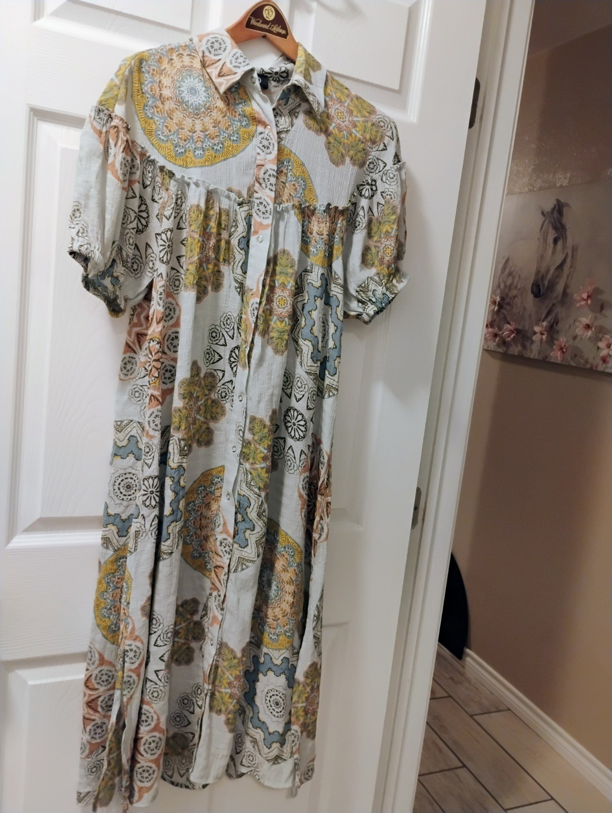 GiGio Bohemian Geometric Maxi Dress Button Down Ruffle Collared Puff S Polyester