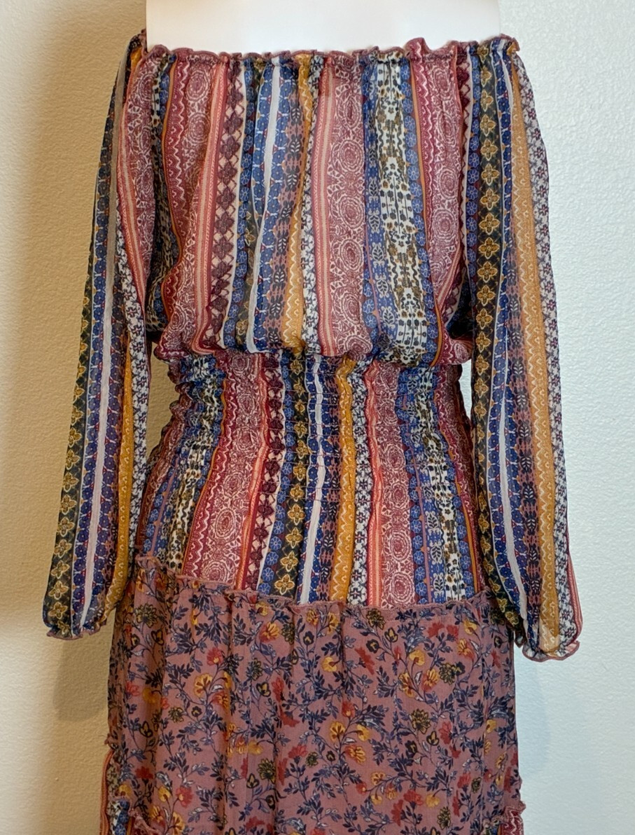 Fig & Flower Floral Tiered Patchwork Boho Smocked Maxi Dress S Cottage Peasant