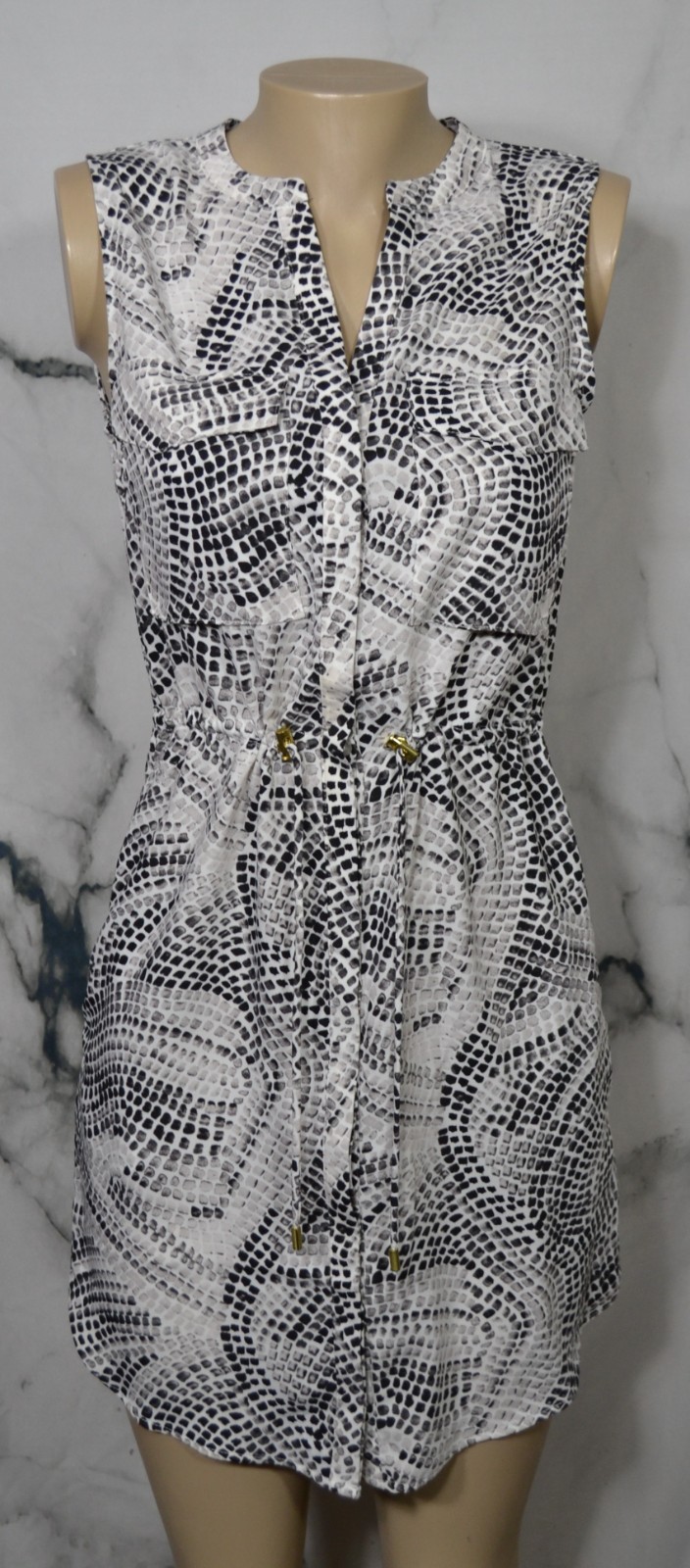 H & M Black White Gray Pattern Sleeveless Shirt Dress 6 Drawstring Waist Pockets