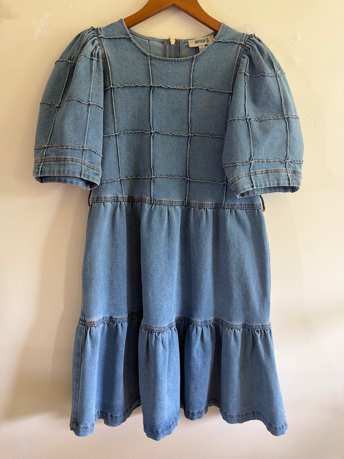 Rockin C Denim Tiered Mini Dress Puff Sleeves Size Medium