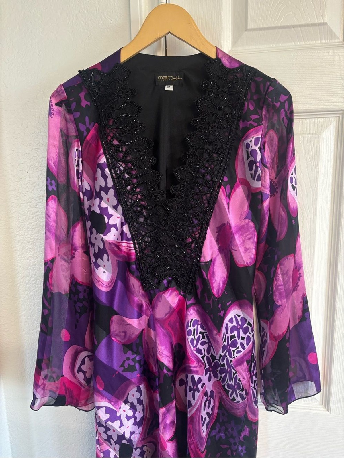 Mary L. Couture Silk Ruffle Trim Purple Floral Beaded Dress