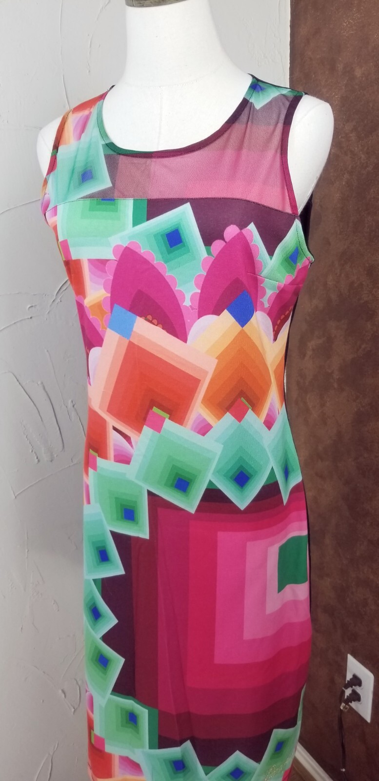 Desigual Sleeveless Sheath Bodycon Dress L Pink Green Margaret Preto Geometric