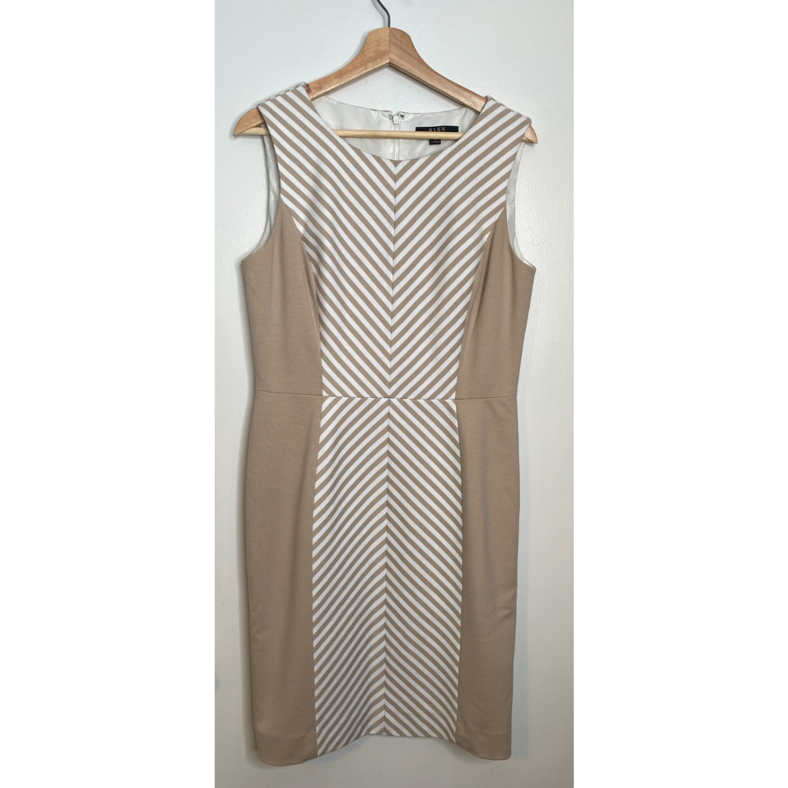 Alex Marie Dress Womens Tan White Striped Sheath Sleeveless Career Size 10
