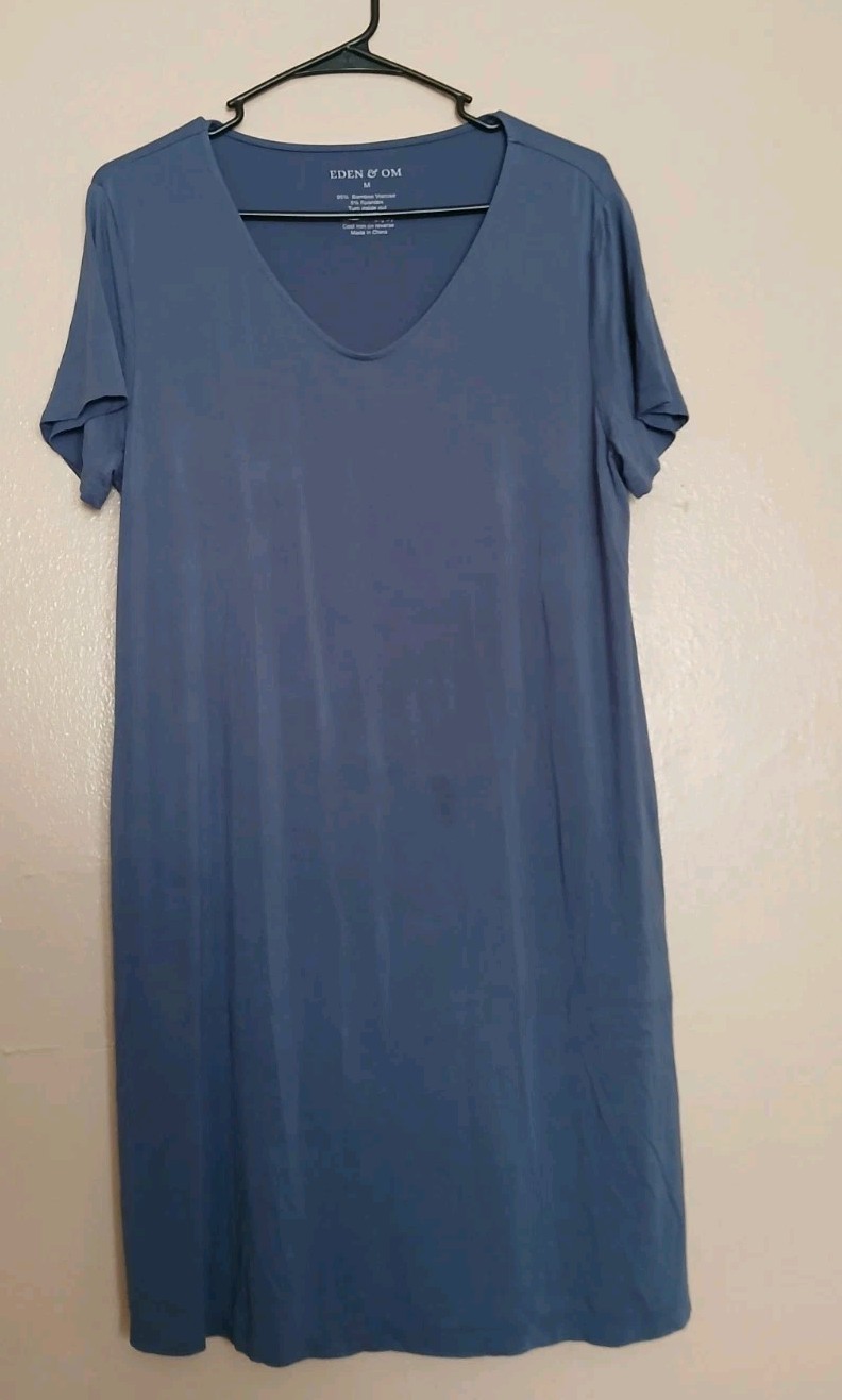 Eden Om Dress Medium Bamboo Shirt Comfort Stretch Casusl Pockets Blue V Neck