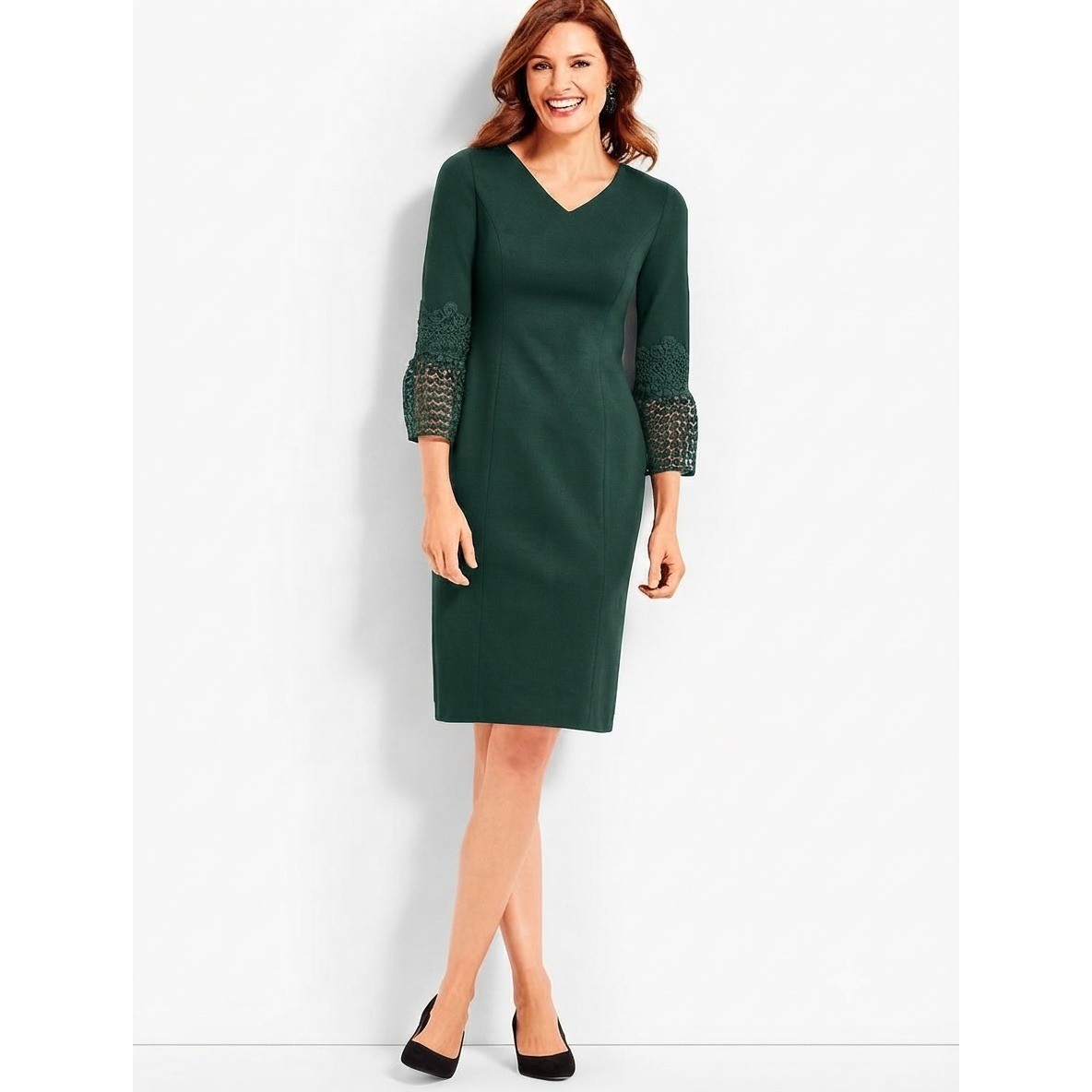 Talbots Womens Green Lace Cuff V-Neck Sheath Dress Size 14 Ponte Knit Holiday