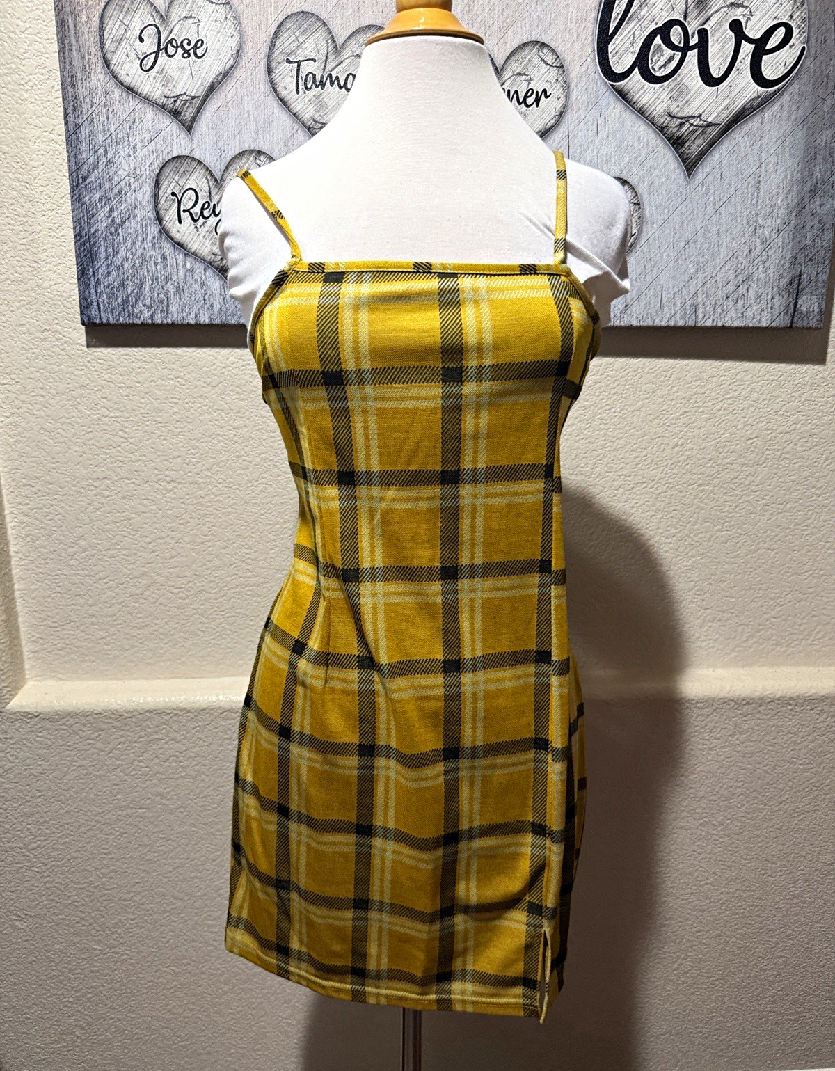 Women’s Yellow/Black/White Plaid Mini Sheath Dress M Square Neck