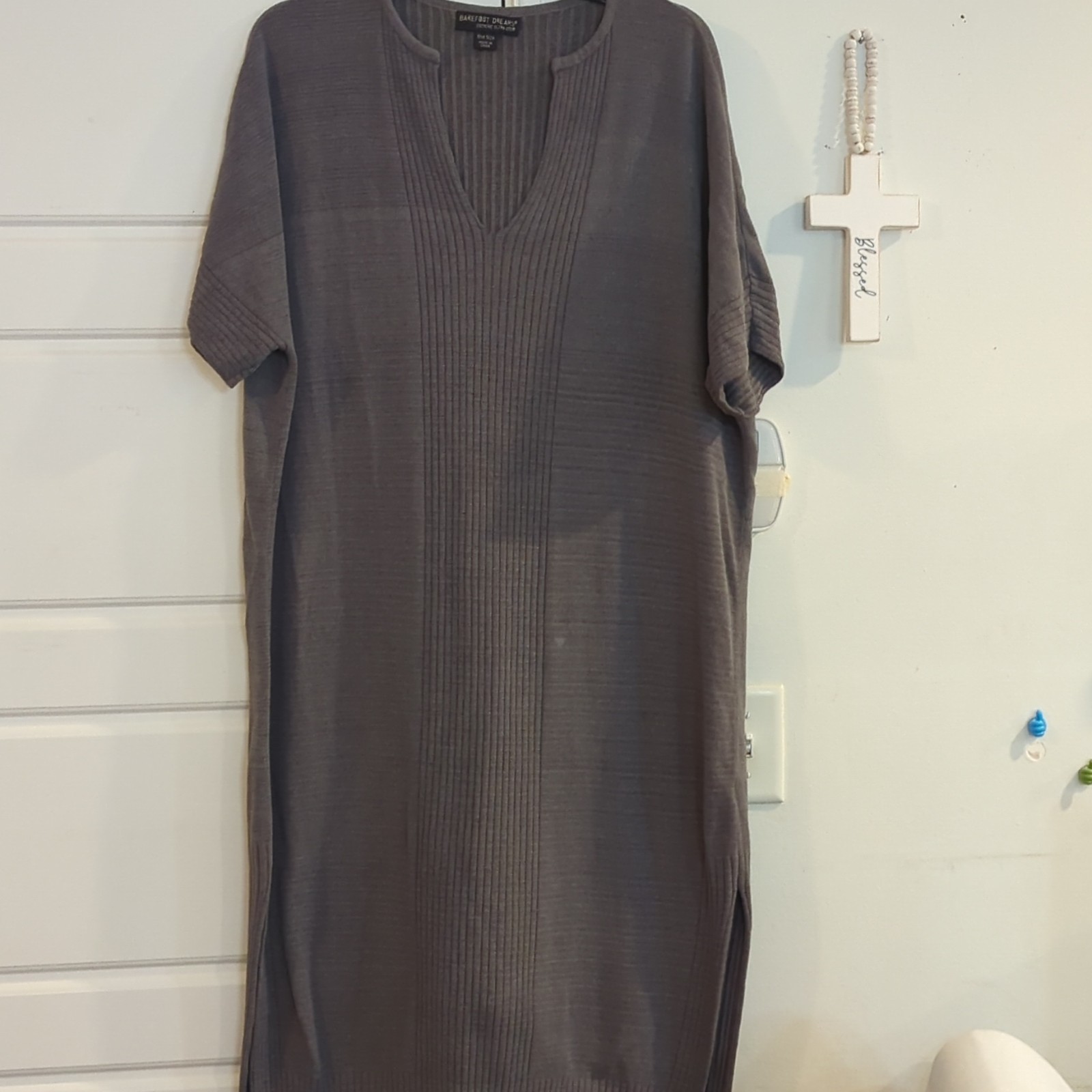 Barefoot Dreams CozyChic Ultra Lite Gray Ribbed V-Neck Knit Long Shift Dress OS