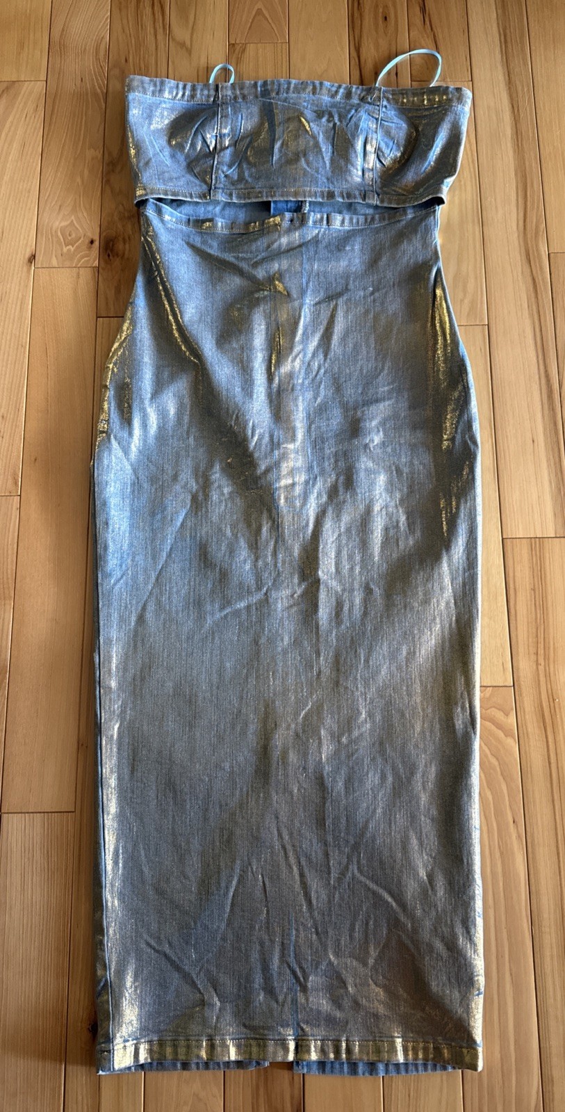 AKIRA Label Im Gold Denim Coated Midi Dress Back Zip Women’s Size L Multi