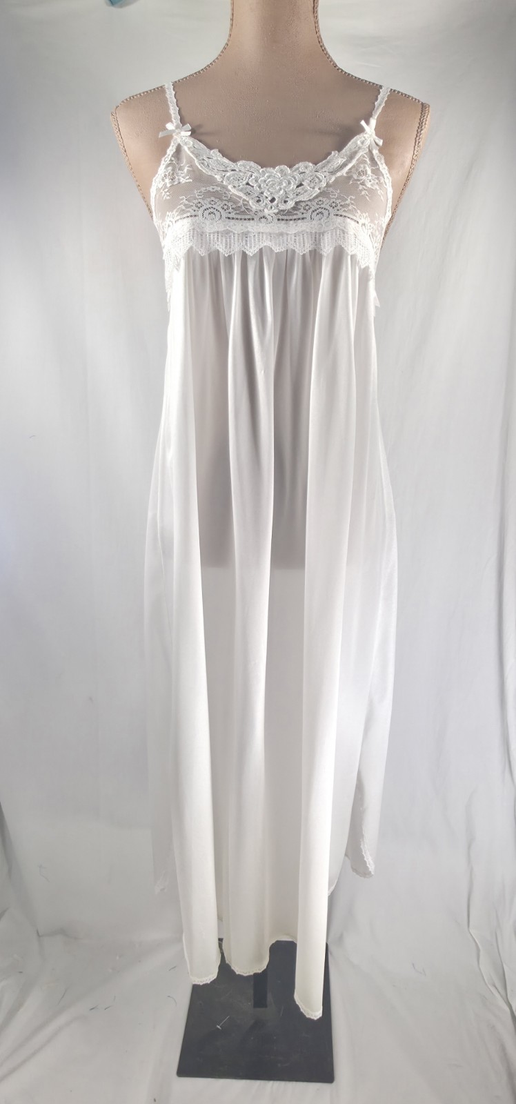 VTG White Satin Slip Dress LACE Lingerie SMALL Nightgown Nylon USA