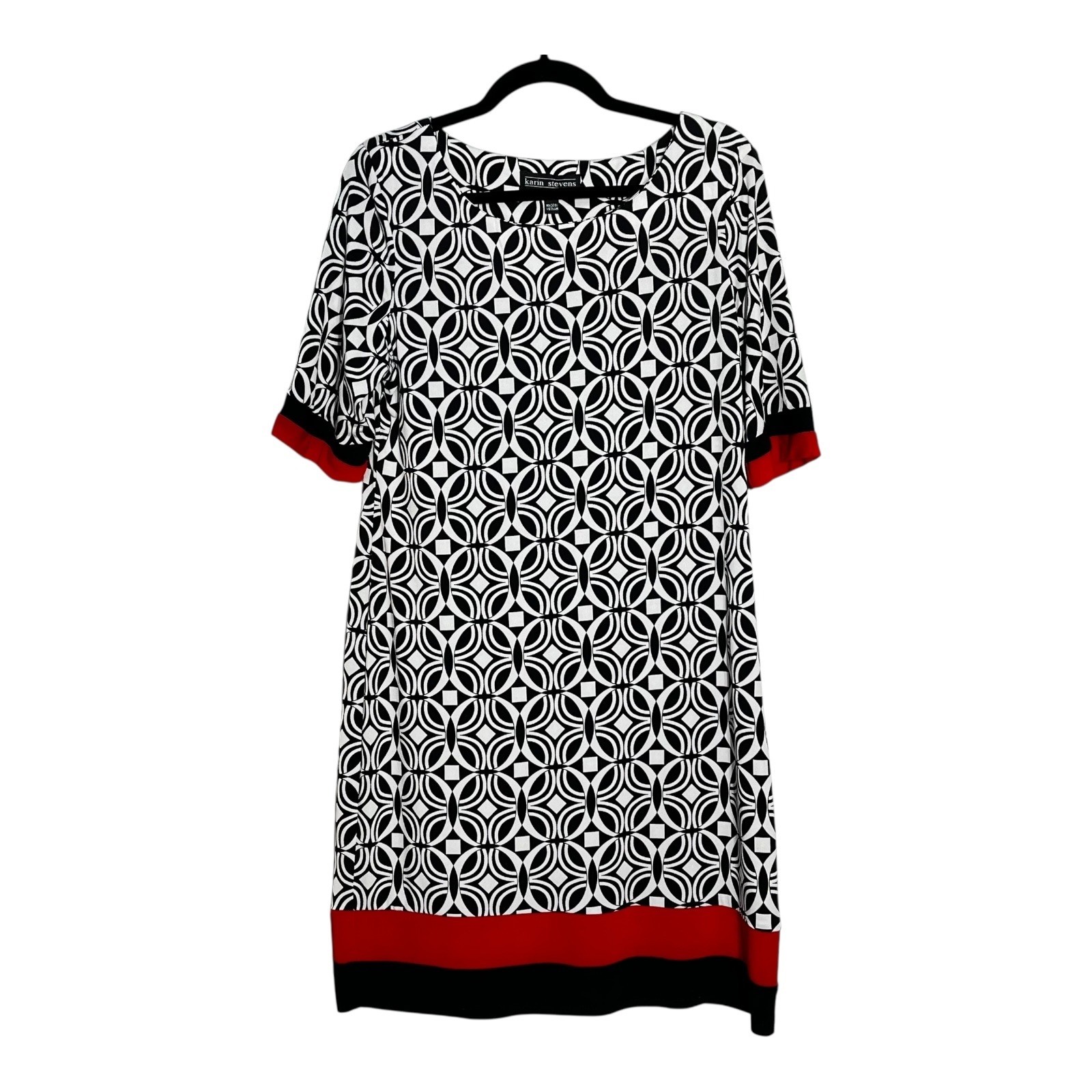 Karin Stevens Geometric Dress Red Black White Knee Length 3/4 Sleeve Women’s 14