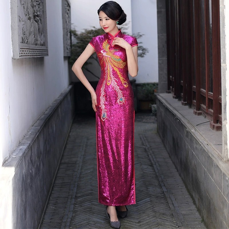 Women Sequined High Split Slim Stage Party Dress Phoenix Embroidered Cheongsam