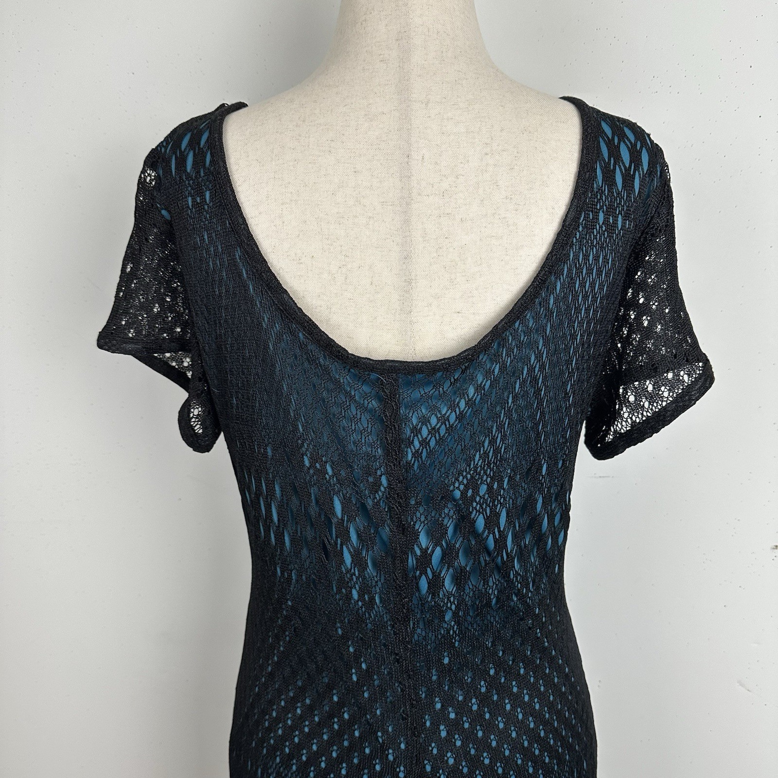 Vtg Maxi Dress Black Crochet Blue Lined 90s Y2K Whimsigoth Fairy Grunge Boho L