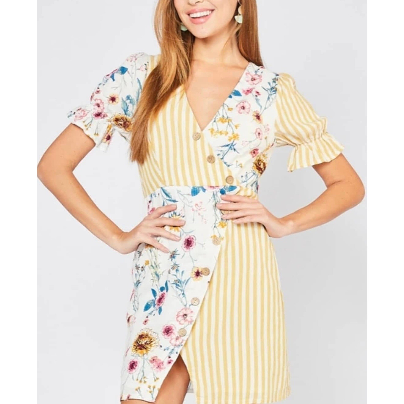 Entro Colorblock Floral Stripe Mini Dress Button Front V Neck Short Sleeve Sz M