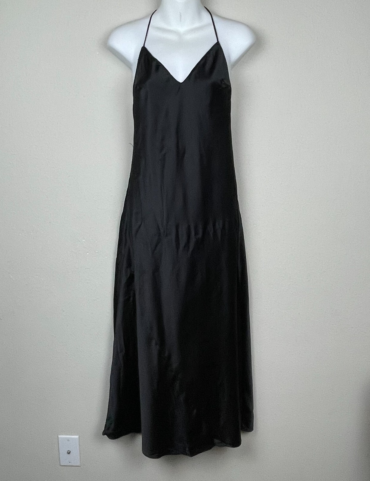 Victoria’s Secret Black Satin Slip Dress Size Small Behind the Neck Tie Y2K