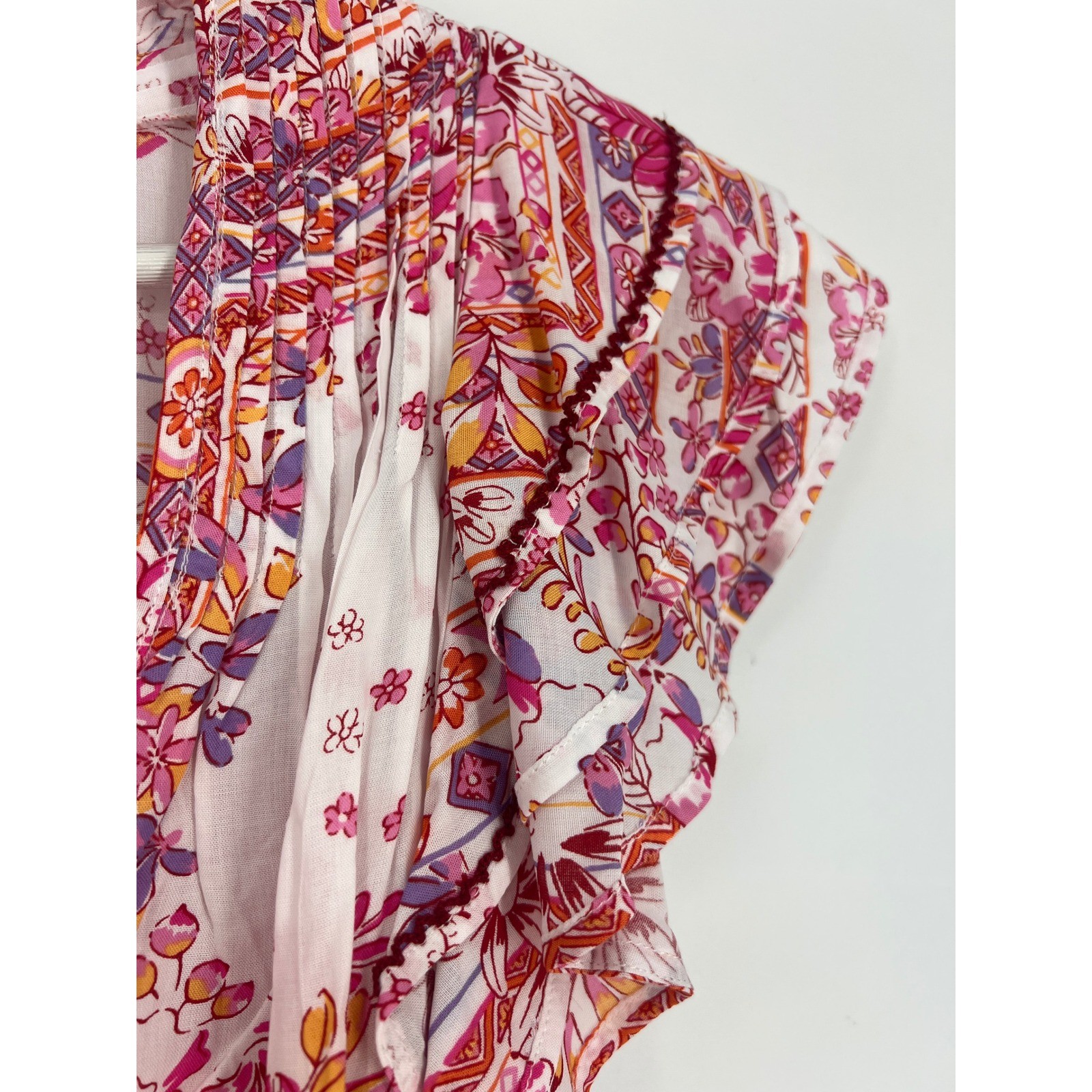 Poupette St Barth Pink Floral Paisley Ruffle Mini Dress Size M Drawstring Waist
