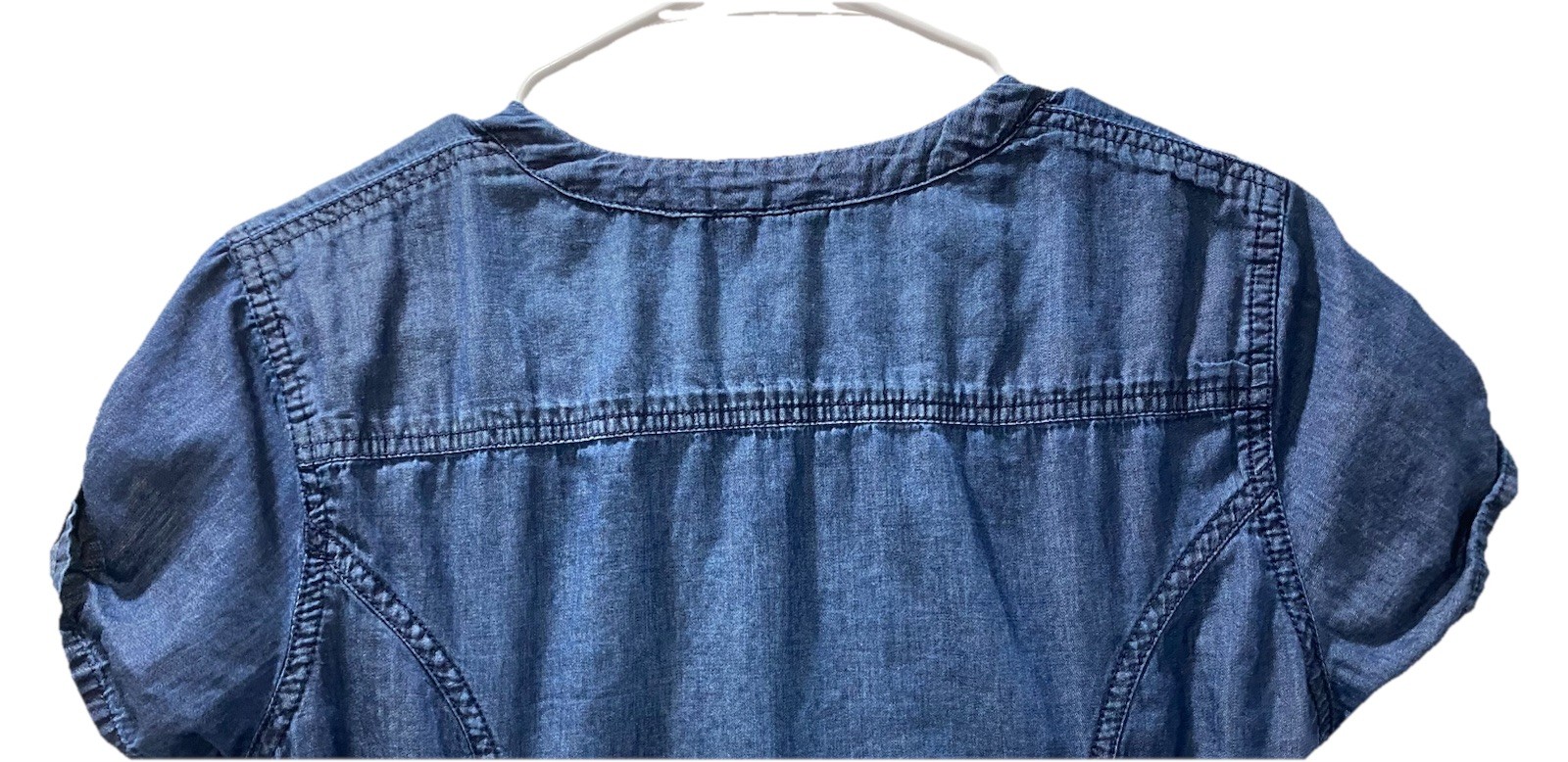 G By Guess Lightweight Chambray Denim 1/4 Zip Short Sleeve Dress Roll Sleeves