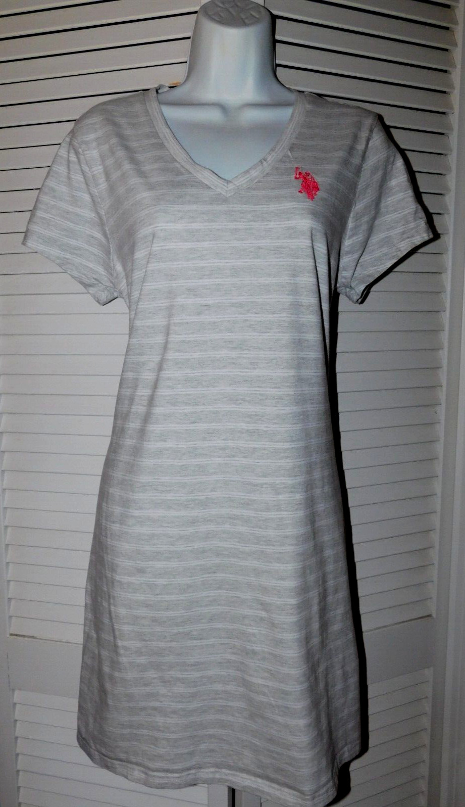 US Polo Assn Size L Grey Stripe Womens Stetch Cotton Knit Logo Slimming Dress