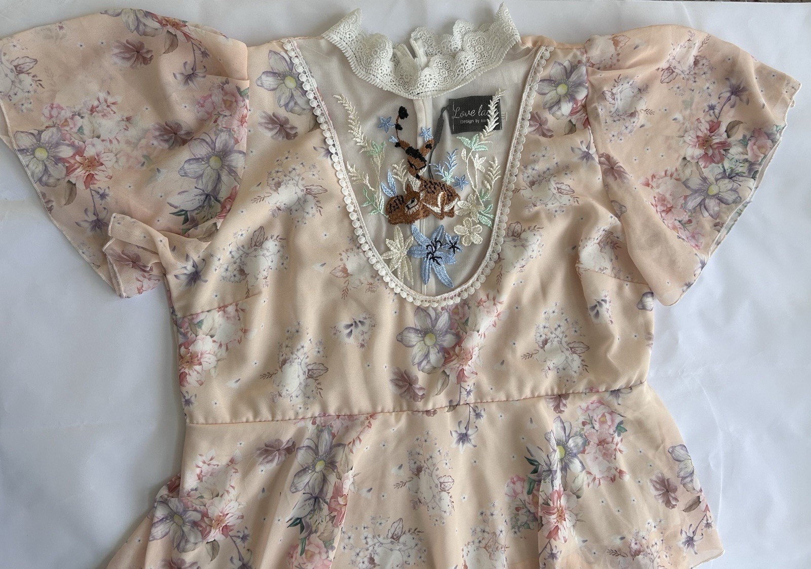 Love Lady Beige Floral Chiffon Midi Dress V-Neck Flutter Sleeve Lace M