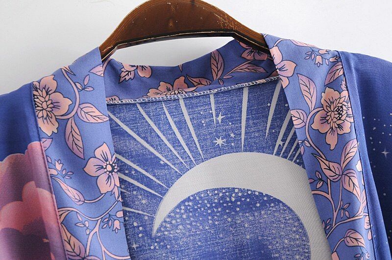 Pink Purple Floral Moon Sky Cloud Print Boho Short Kimono Batwing Sleeve Robe