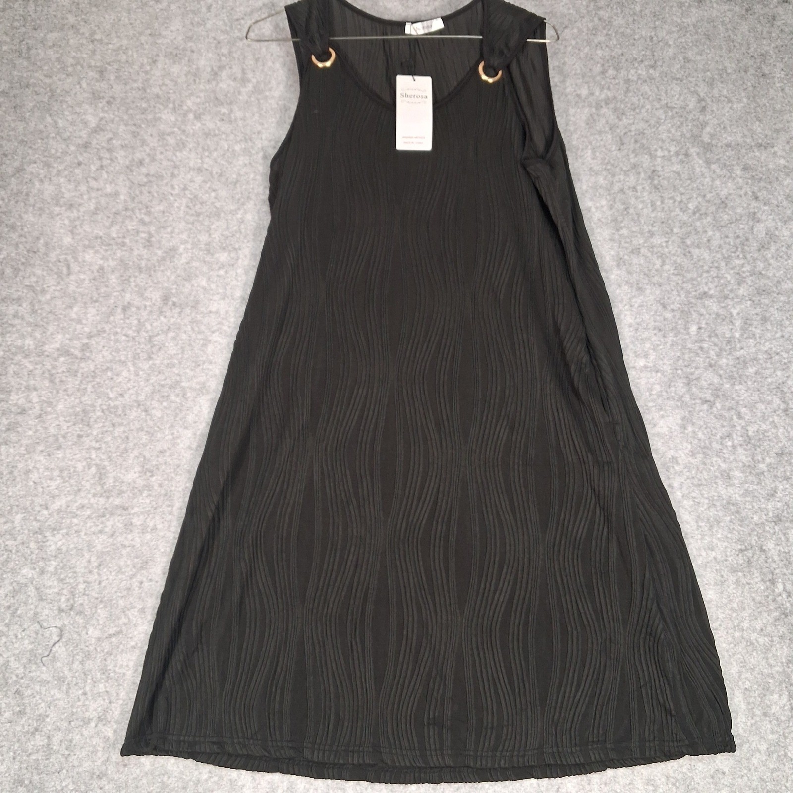 Sherosa Sleeveless Dress Womens Large Black Textured A-Line Gold Ring Accents