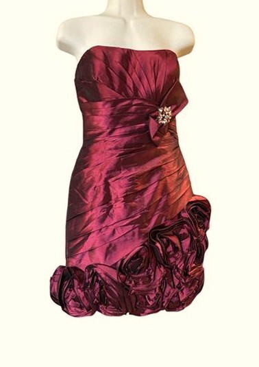Bonny Burgundy Strapless Pleated Rosette Taffeta Mini Dress size 6