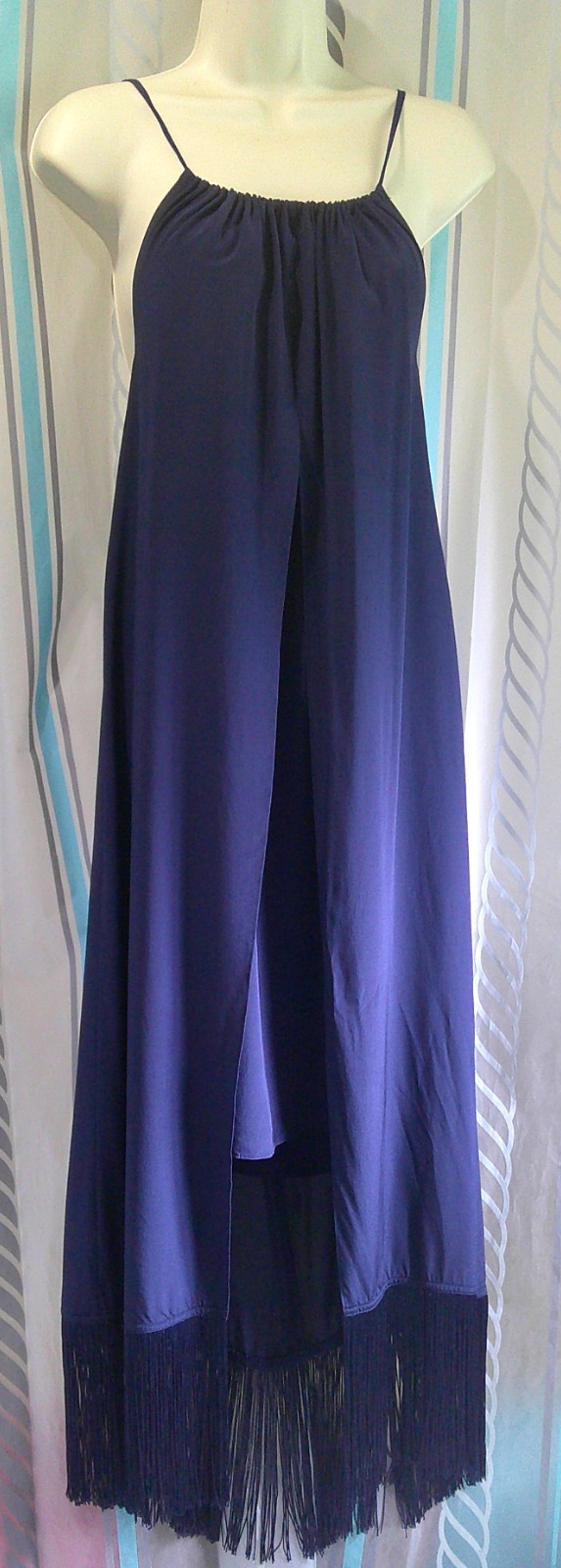 “Trina Turk” Kearney Silk Crepe De Chine Fringe Cocktail Dress n Navy Woman 6