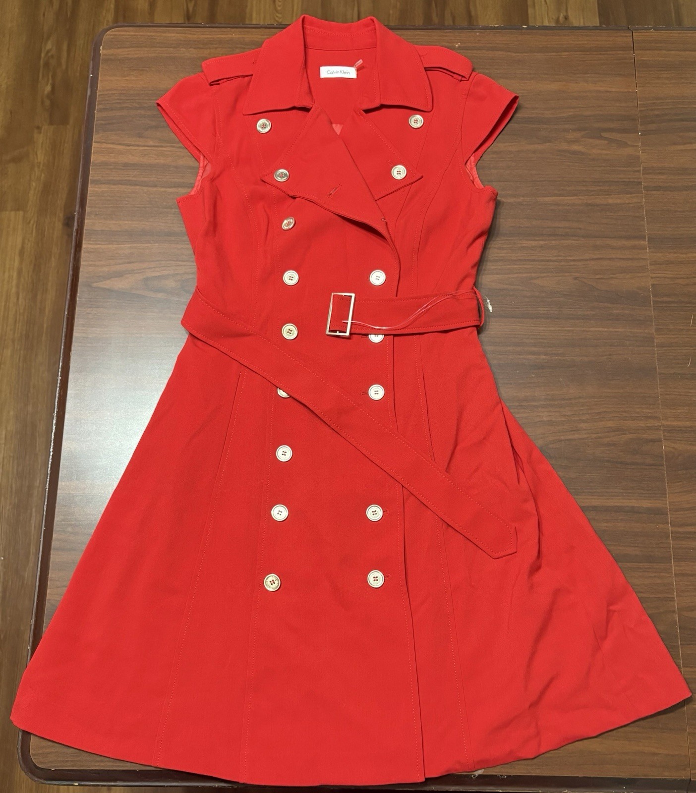 Calvin Klein Red Double Breasted Trench Dress with Belt Size S