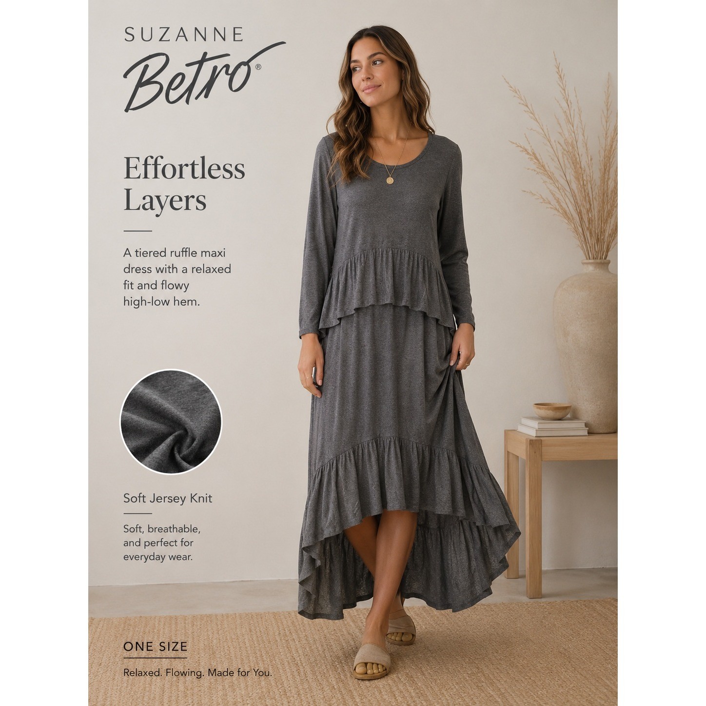 NEW Suzanne Betro Womens Gray Tiered Ruffle High Low Maxi Dress 4X