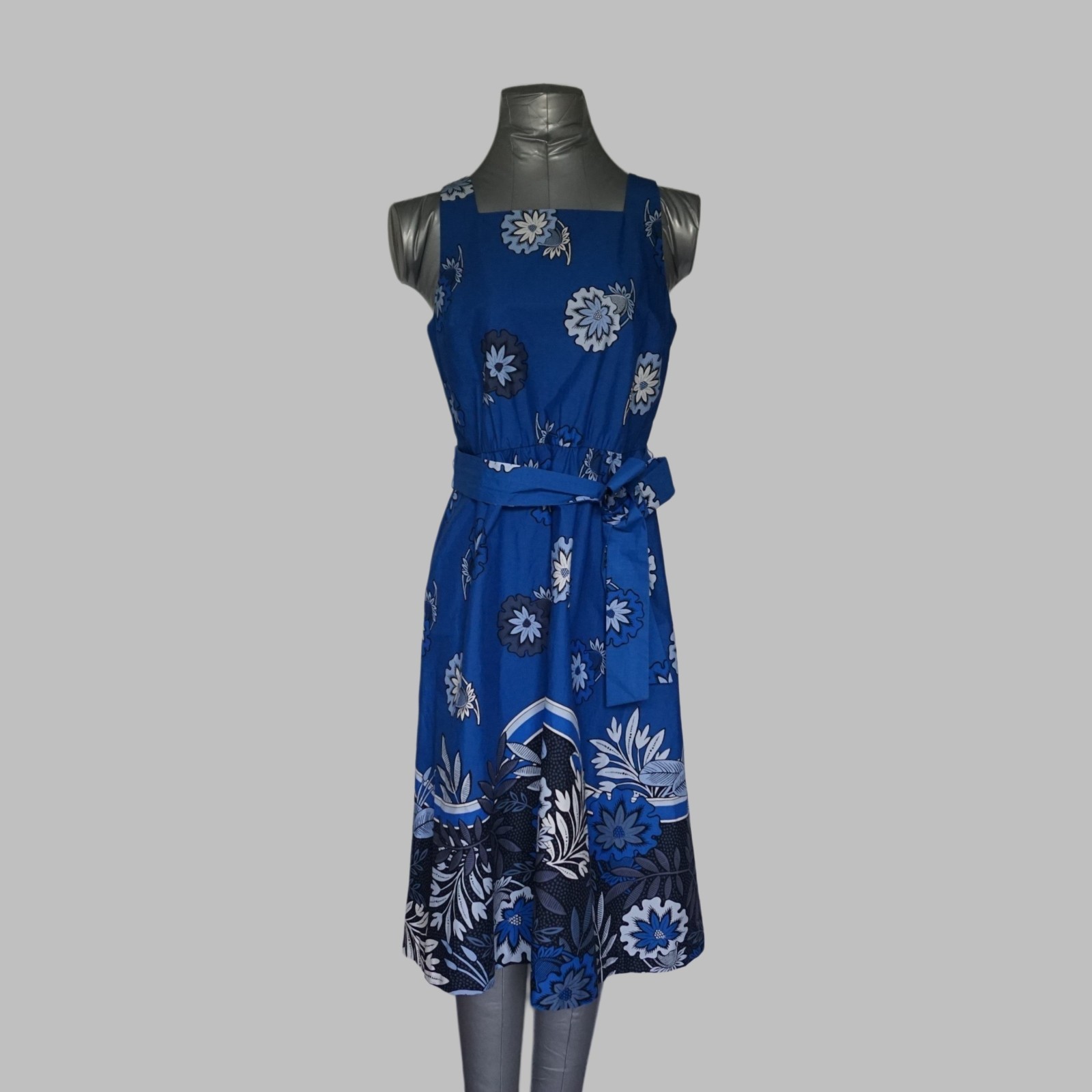 NWT Ann Taylor Petite Blue Floral Belted Poplin Midi Dress Square Neck 2P