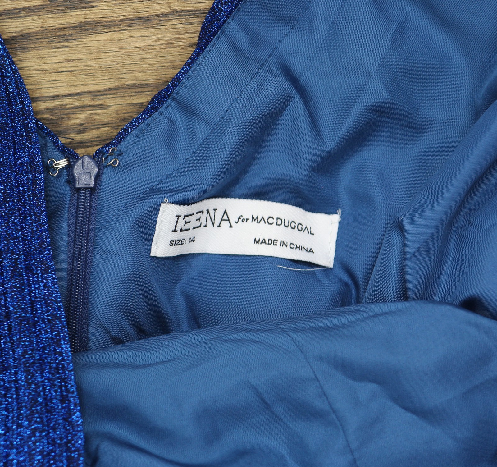 Ieena by Mac Duggal Shimmering Lurex Pleated Maxi Dress Gown Royal Navy Blue 14