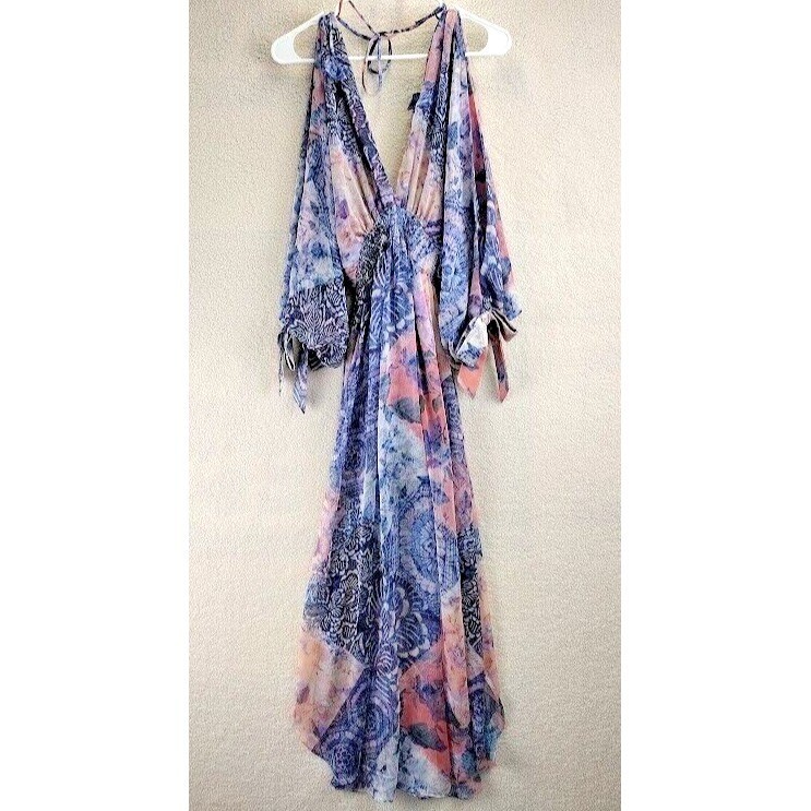 MISA Los Angeles Floral Tiered Midi Dress XS Bohemian Cold Shoulder Purple