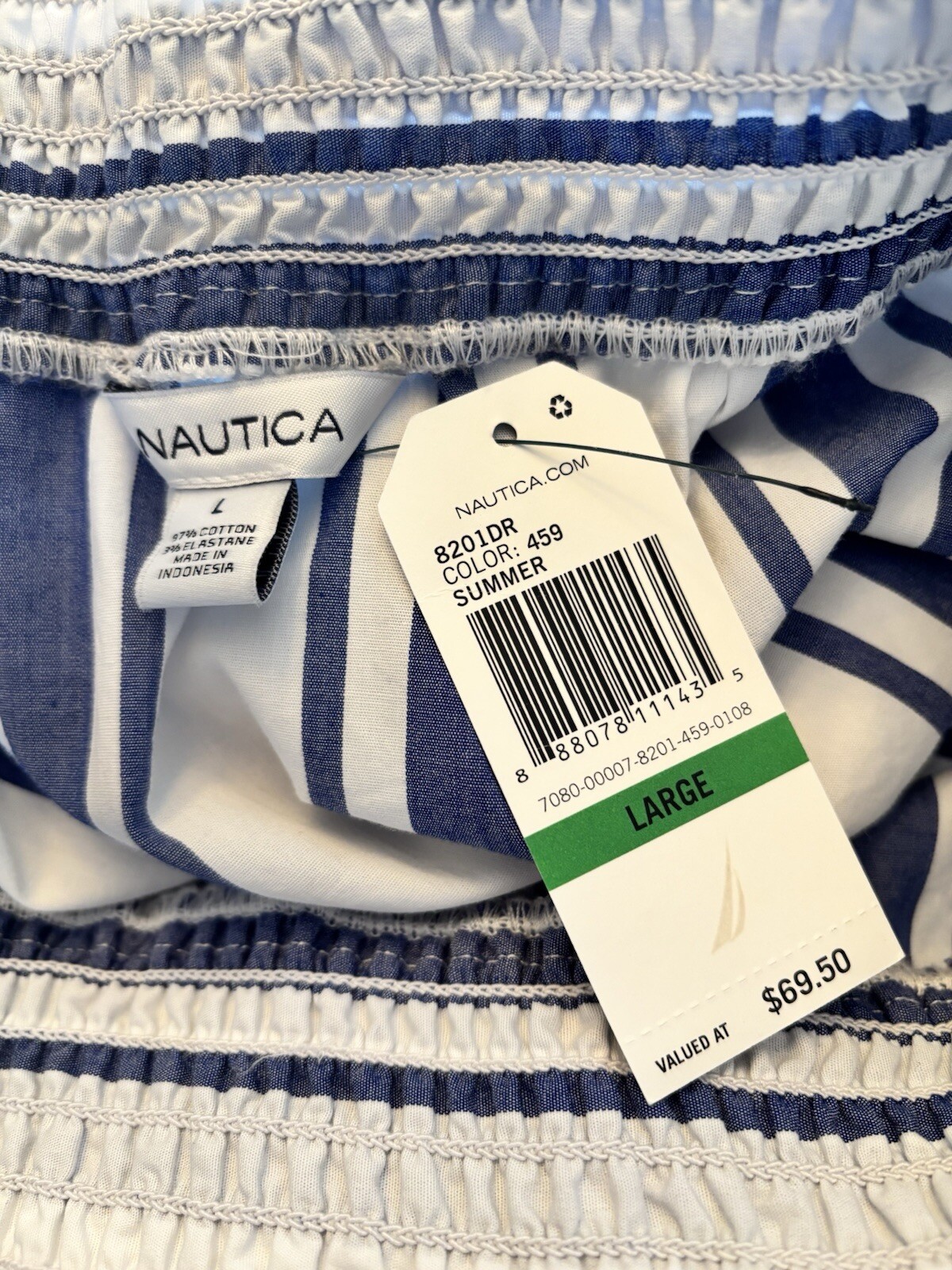 NWT Nautica Womens Size L White Blue Stripe Shift Dress Off Shoulder
